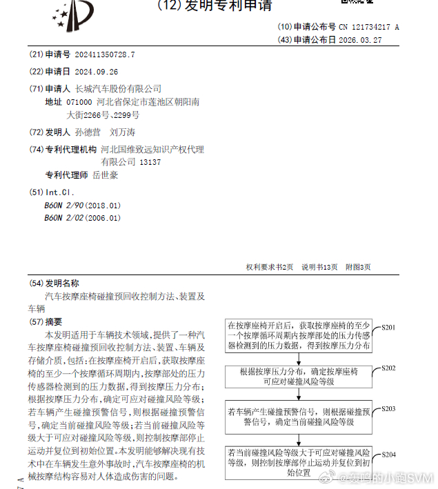 技术巡猎  长城  汽车按摩座椅碰撞预回收控制方法、装置及车辆。对按摩座椅的理解
