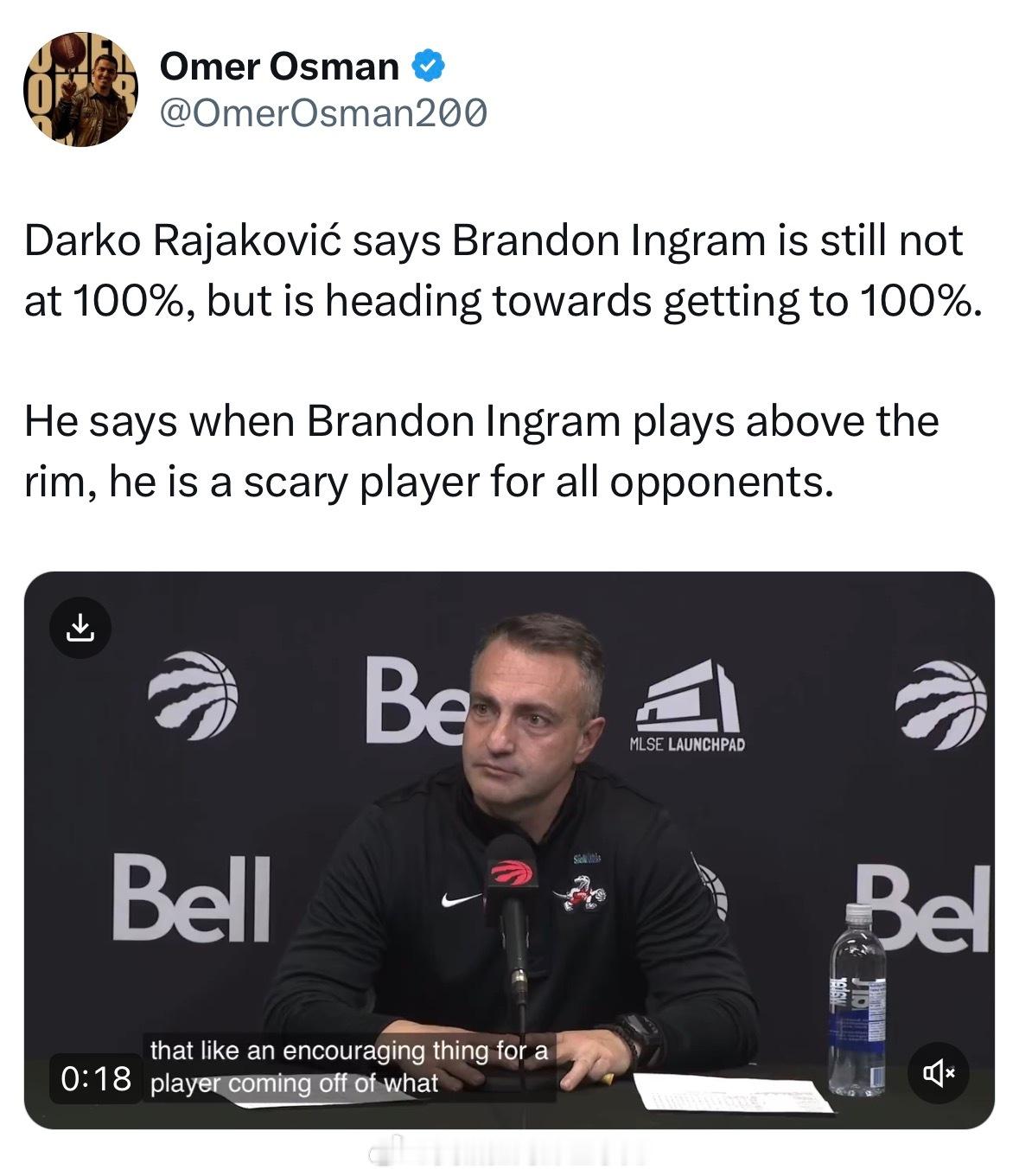 达尔科教练：英格拉姆还没恢复到100%的身体状态，但正朝着这个目标前进。当莺歌能