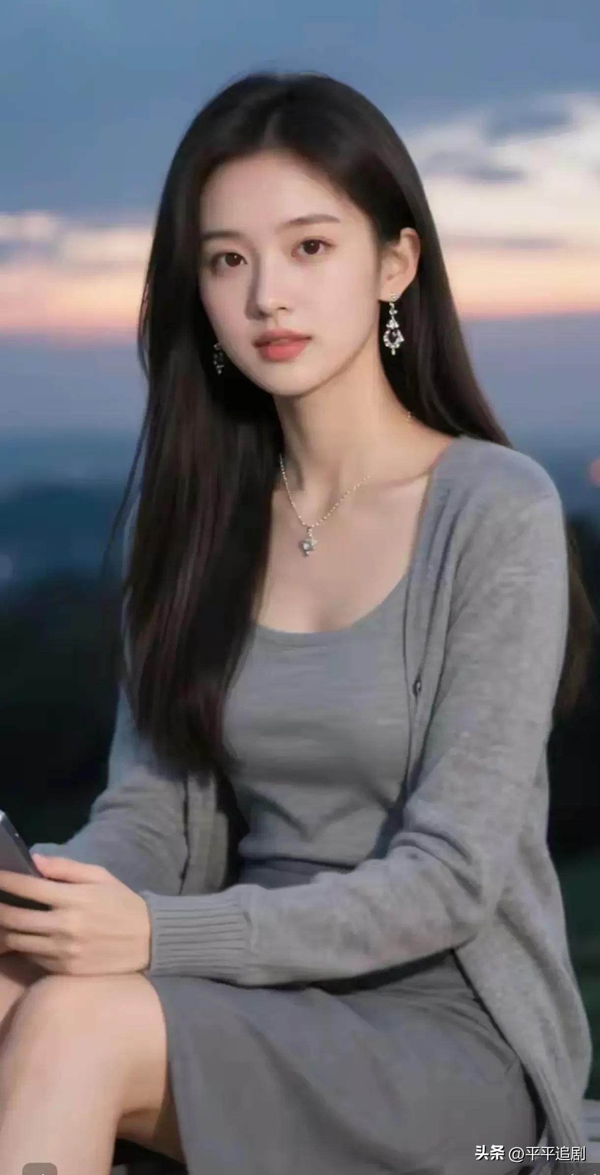 暮色漫过山野，晚风轻拂长发，灰调穿搭衬出温柔气质，把落日的浪漫与松弛感，都定格在