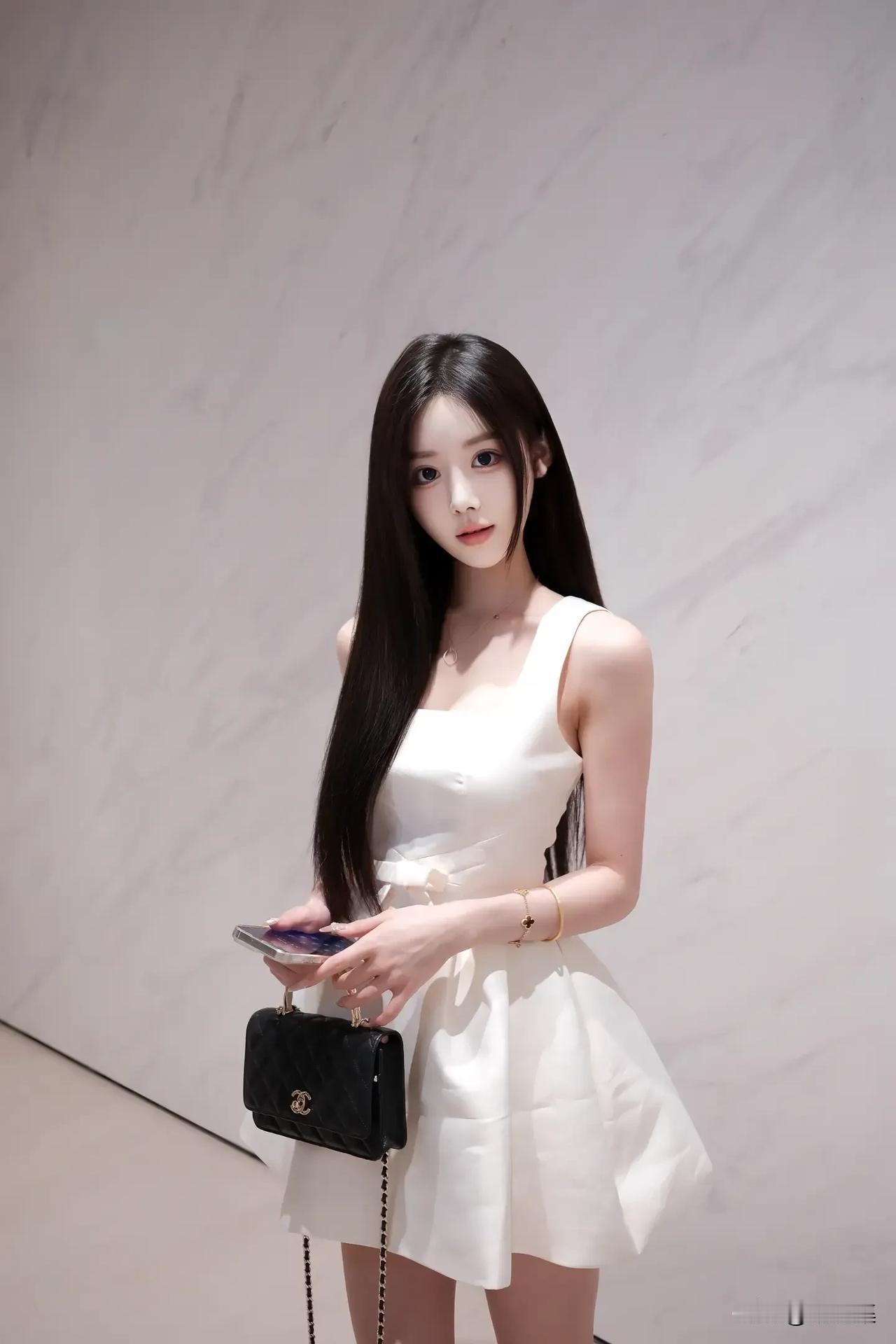 清新甜美，优雅白裙，手拿小包，时尚少女风