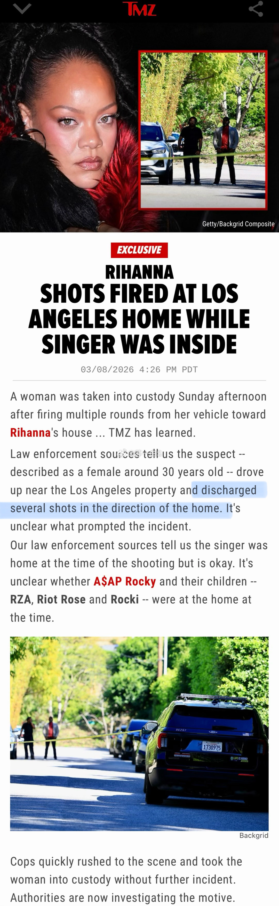 蕾哈娜豪宅遭枪击👇一名女子在周日下午从自己的车内向蕾哈娜的住所方向连开数枪，后