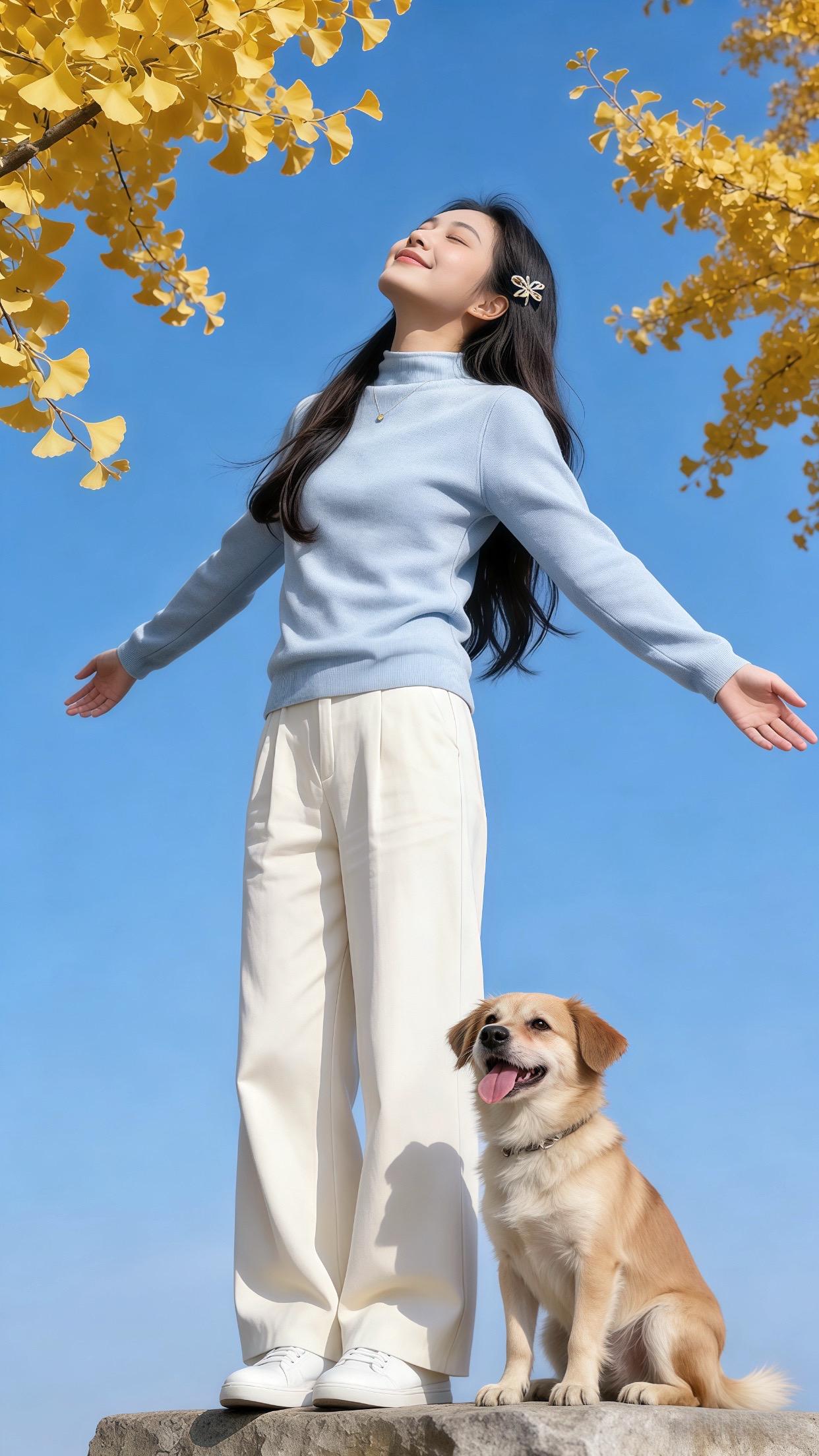 浅蓝高领打底衫搭配奶白色阔腿裤，清清爽爽的感觉像是把蓝天穿在身上，温柔...