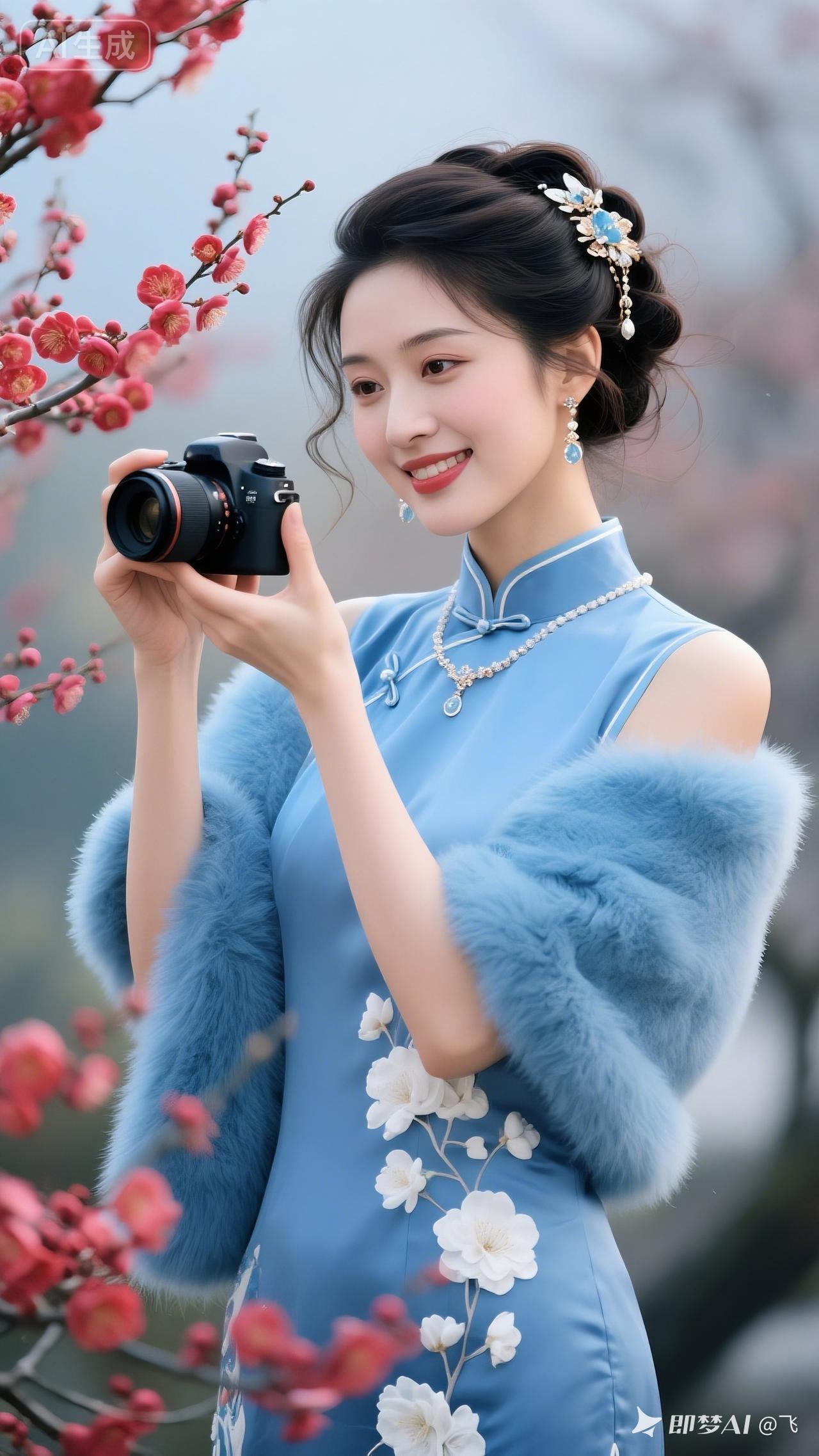 春日花海中的优雅蓝裙仙女，手持相机，笑靥如花。