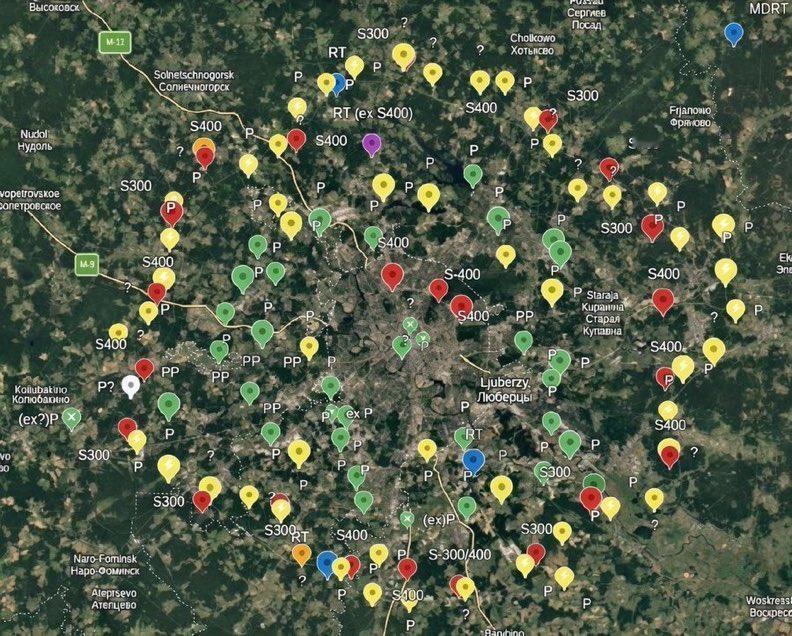 这两天的莫斯科防空系统地图，俄罗斯政府把大量的防空武器从其他城市调到莫斯科。但依