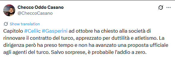 Checco更新切利克的情况：加斯佩里尼在10月份时曾要求俱乐部续约这位土耳其后