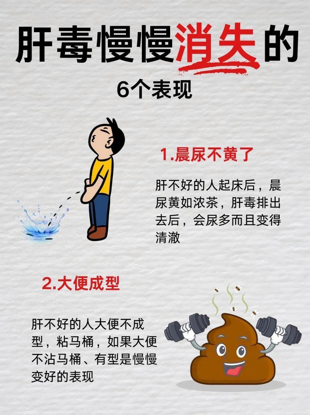 肝越来越好的6个表现！  1.晨尿不黄  2.大便成形  3.嘴不臭了  4.皮