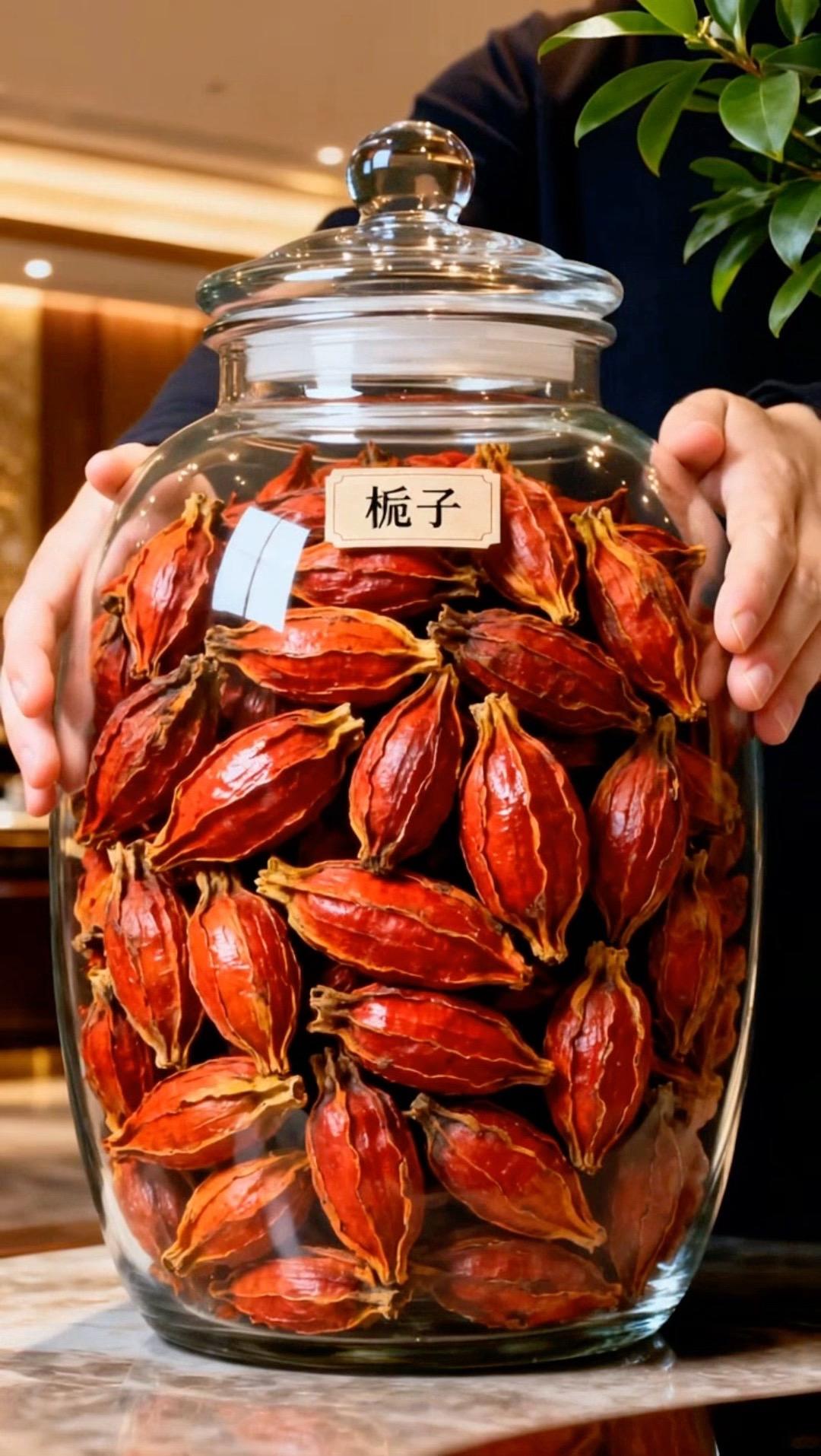 栀子果收纳在密封罐里，拿几颗放进杯中，倒入热水浸泡片刻就能喝，泡出来色...