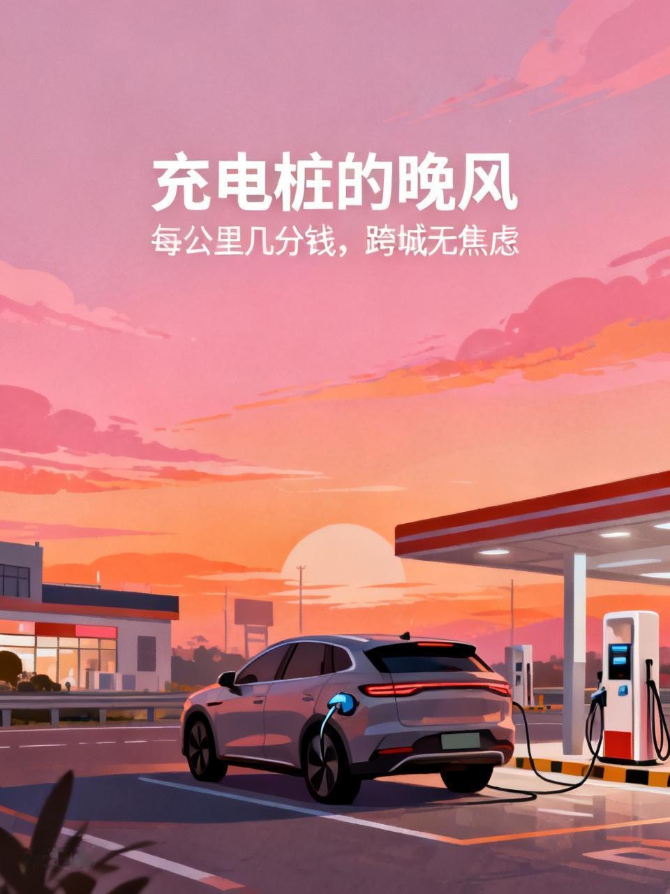 充电桩的晚风，一周两百公里，充一次电刚好，便利店买瓶水，转身就补满了能量，算下来