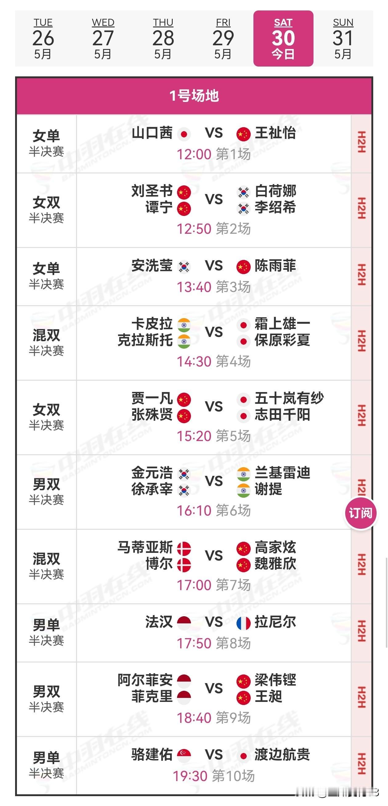 30日赛程2026年新加坡羽毛球公开赛 
      30日北京时间12点整，2