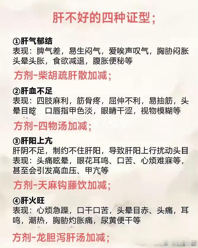 养肝就是养命！！  肝气郁结——柴胡疏肝散加减；肝阳上亢——天麻钩藤饮加减；肝血