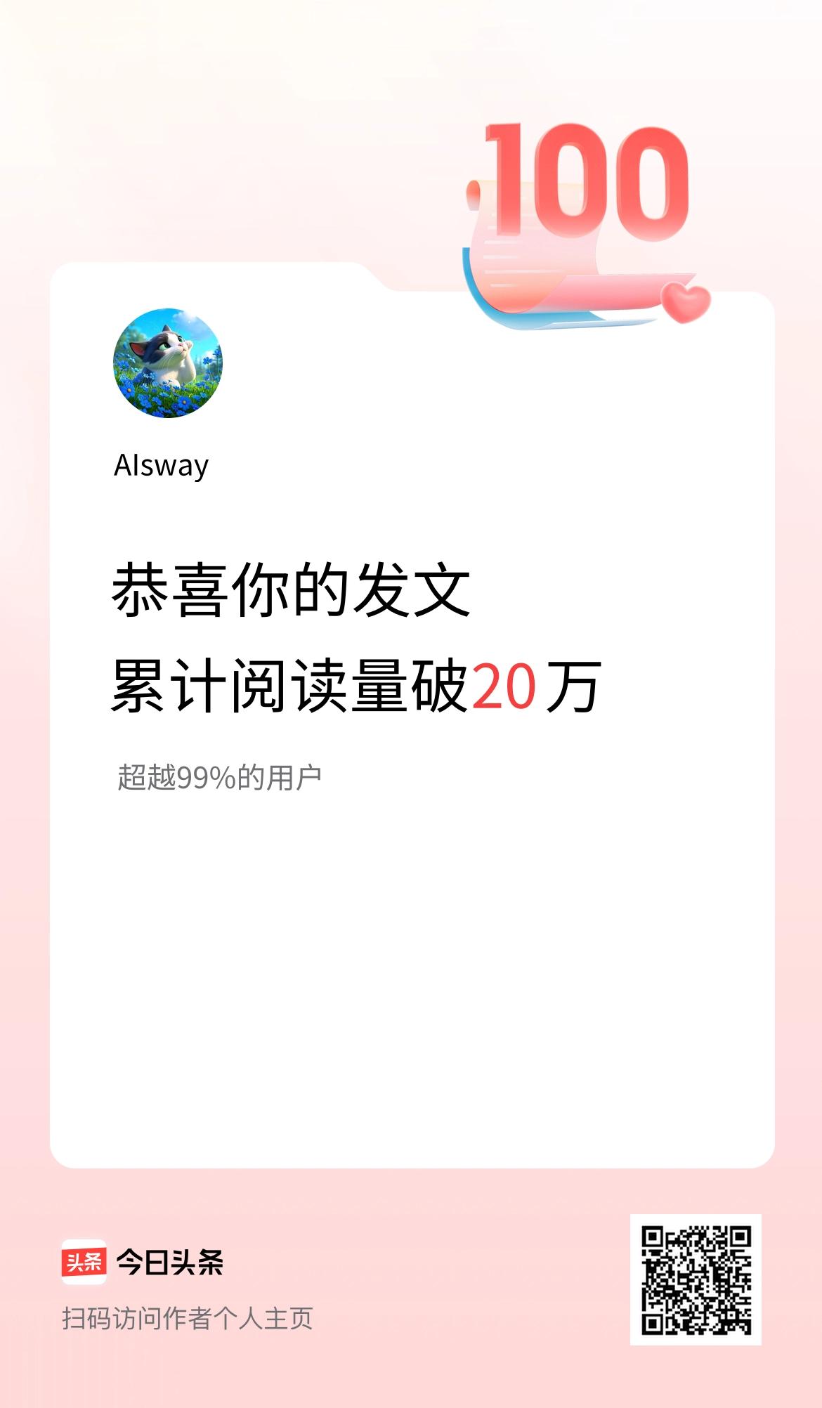 🤝我在头条累计获得阅读量破20万啦！
