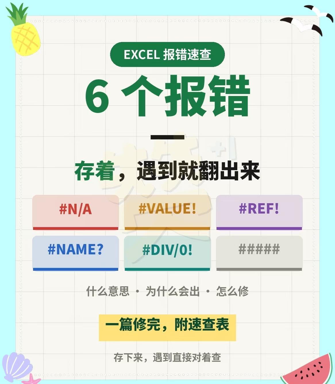 Excel 报错速查表，6 个一篇修完
Excel出现报错不用慌，它并不是表格出