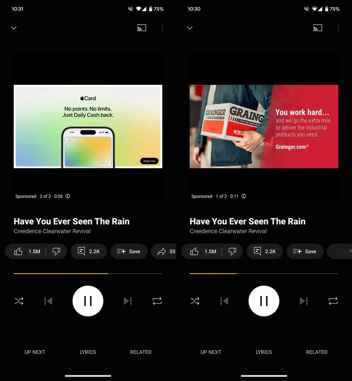 YouTube Music 免费版播放界面增加广告，封面图被替换为广告图以及广告