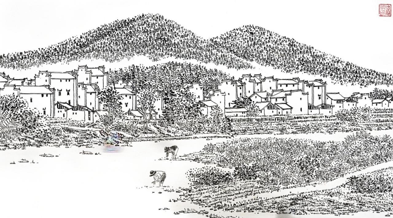 春到山村，途虫原创画作，秀丽笔速写。艺术