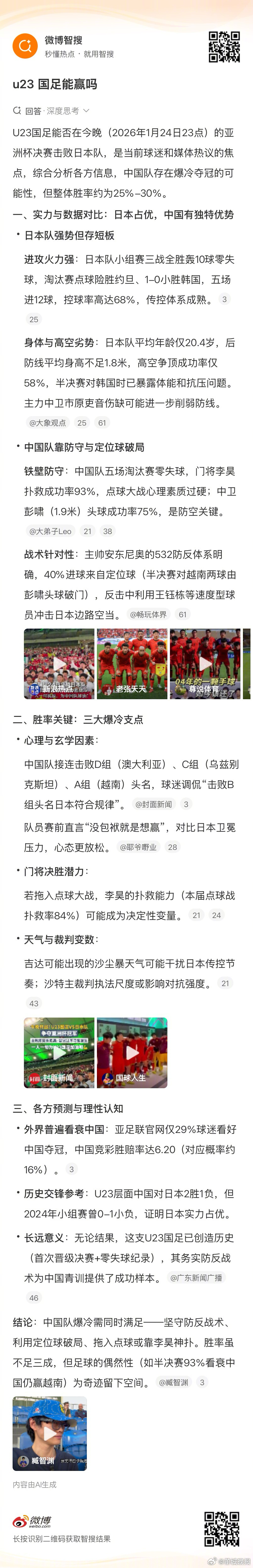 【#AI预测U23国足决赛胜率##AI预测U23国足或爆冷夺冠#】北京时间1月2