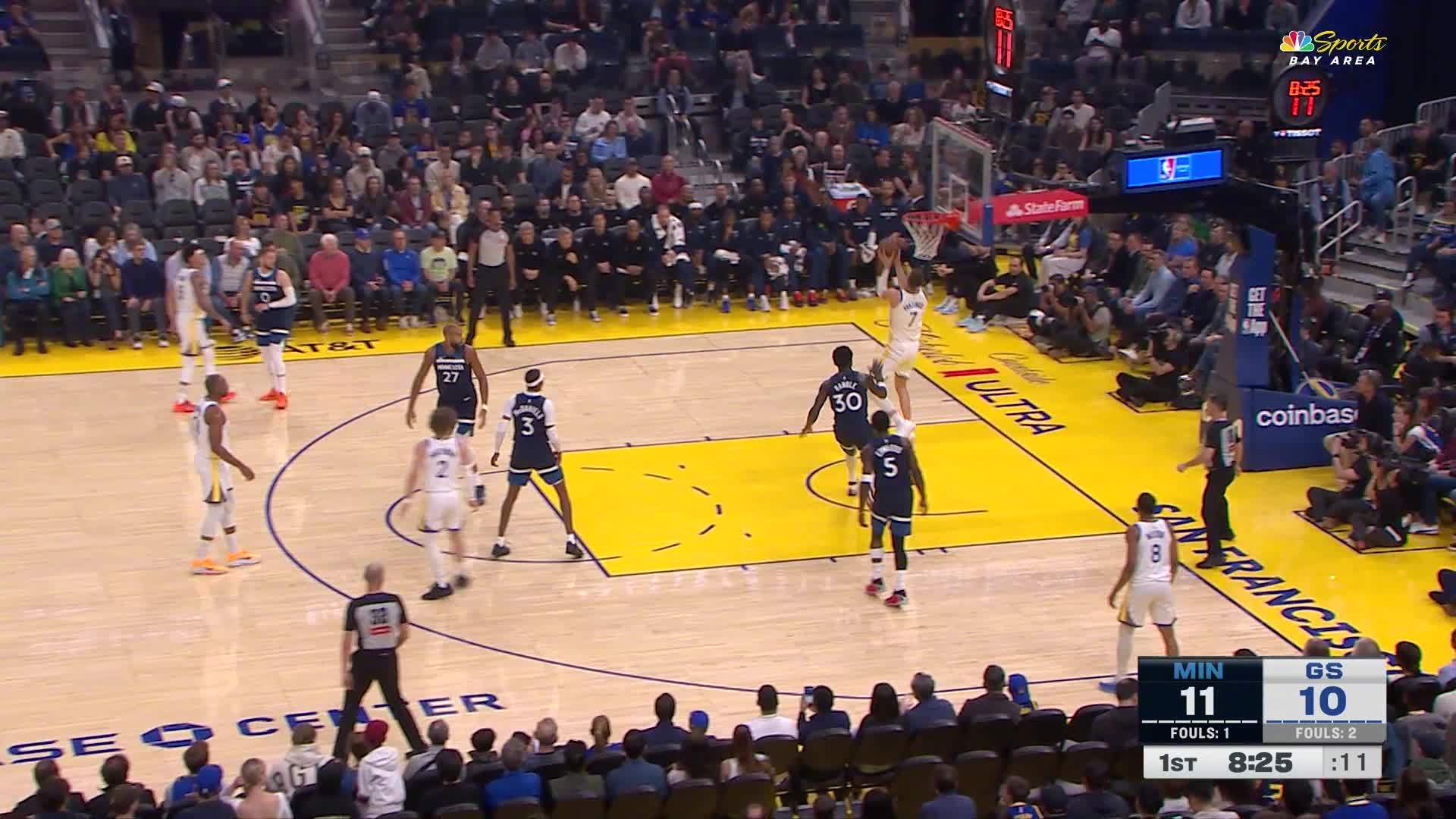 桑托斯助攻，波尔津吉斯2分入账🏀勇士12:15森林狼。森林狼vs勇士