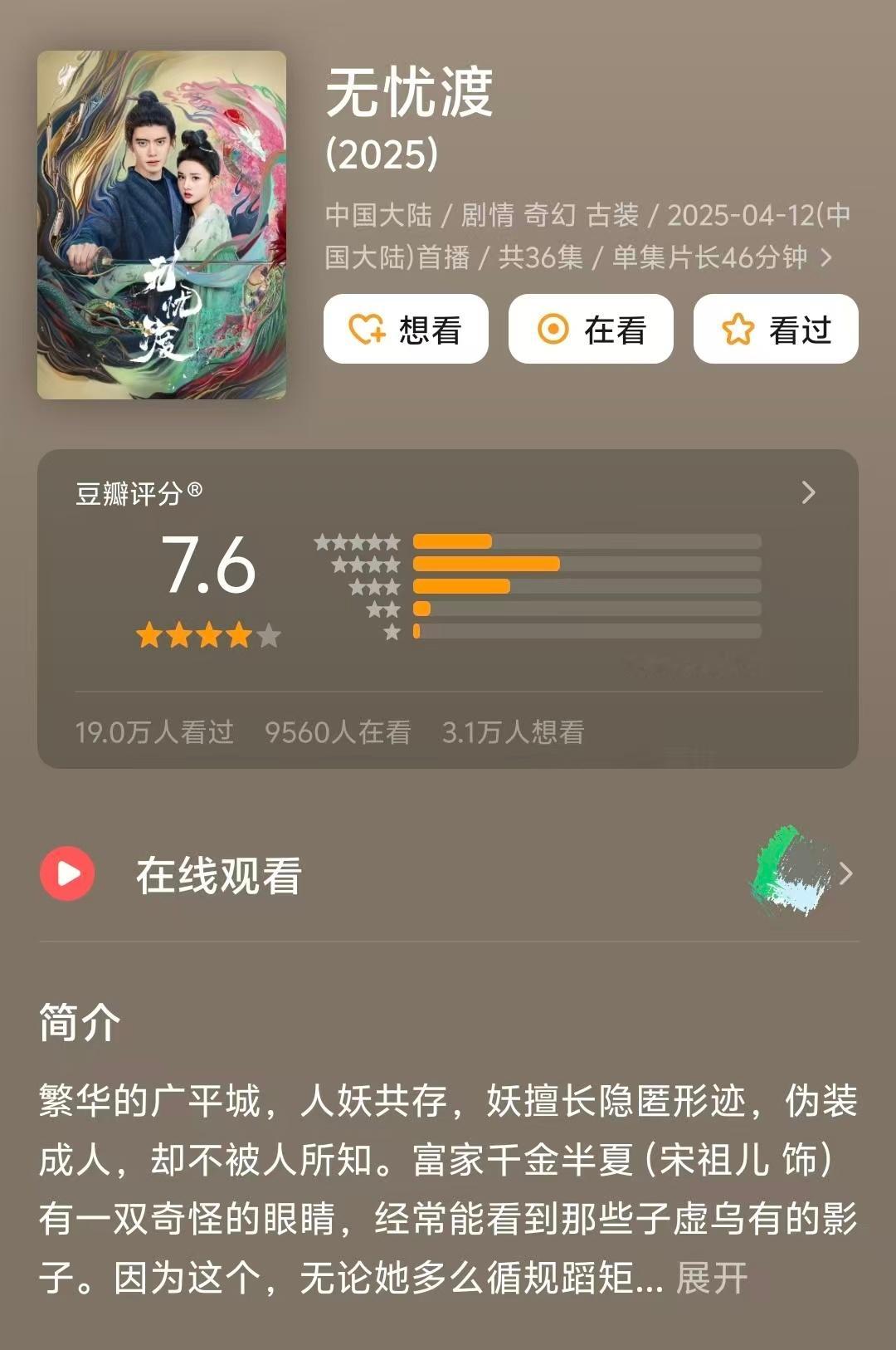 【无忧渡豆瓣评分又涨了】任嘉伦宋祖儿无忧渡后劲好大 哇，播完大半年，主演的《无忧