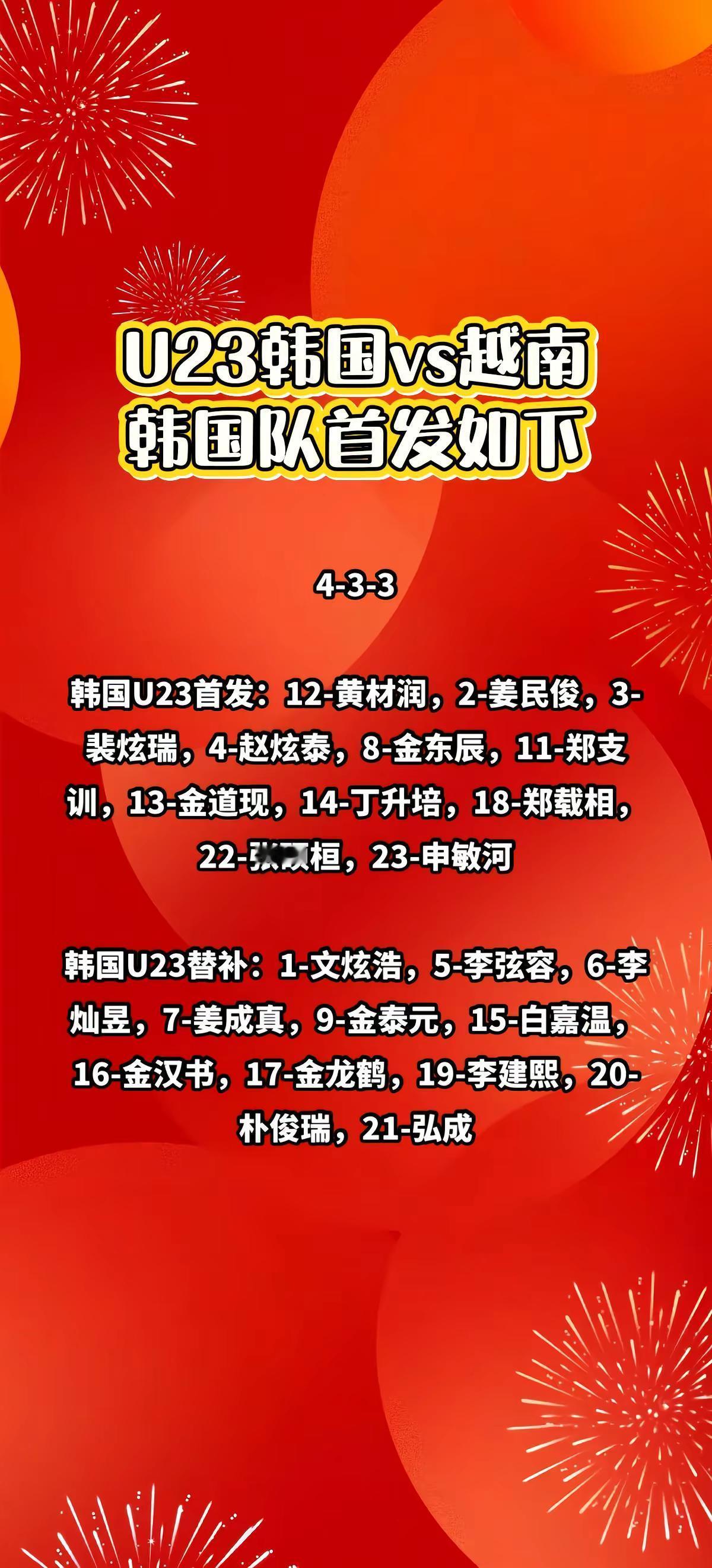 U23韩国vs越南，韩国队首发如下。热门