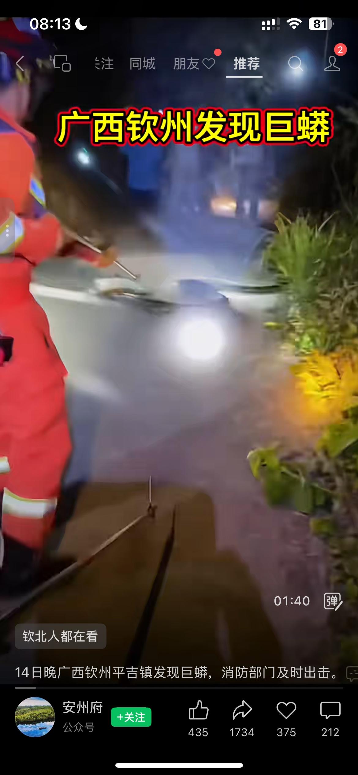 太吓人了！夜里广西钦州平吉镇惊现一条大蟒蛇。居民发现之后赶紧报警，消防火速赶到现