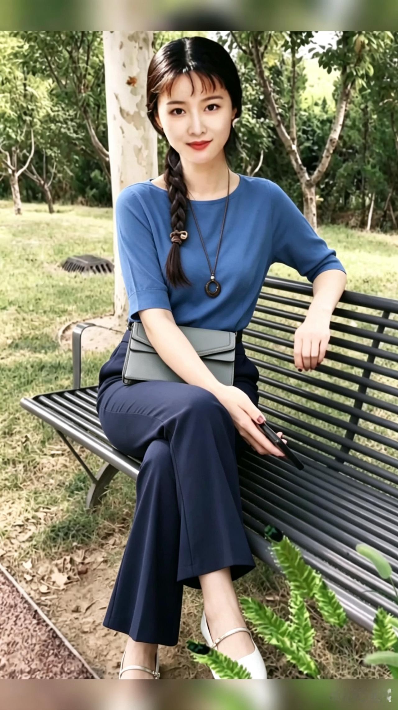 绿树阴中倚长凳，轻纱薄雾拂芳尘。