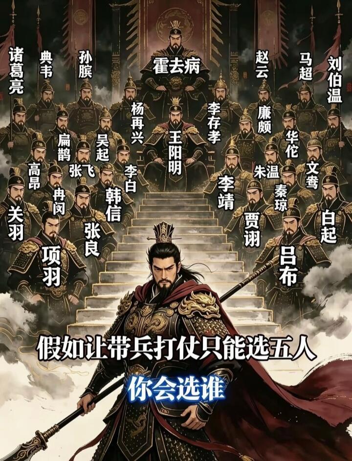 假如行军打仗只能带五位历史将领，你觉得选哪五位能无敌？