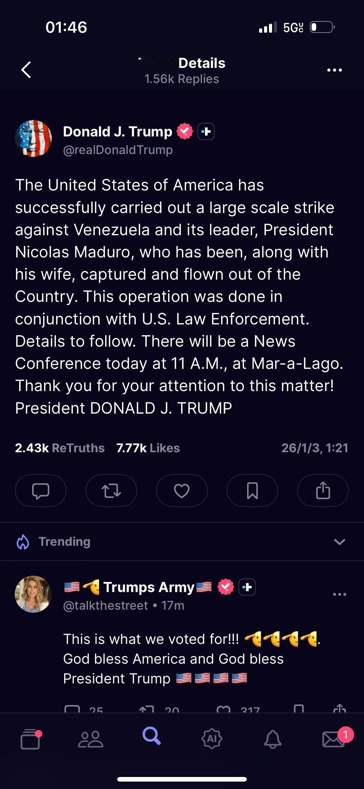 特朗普：美利坚合众国已成功对委内瑞拉及其领导人尼古拉斯· 马杜罗总统发动大规模打