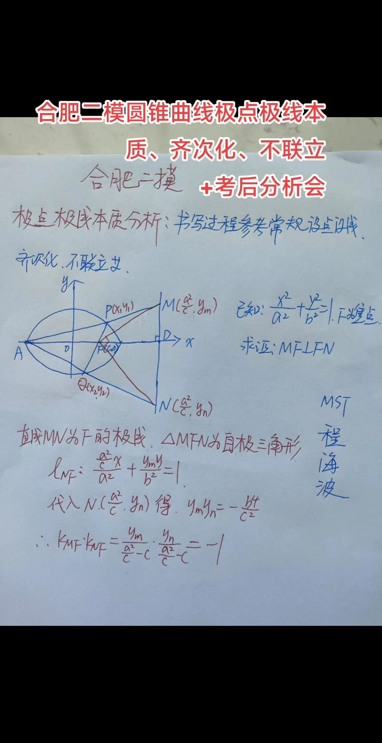 安徽重要试题——合肥二模考后分析会出炉！学生考试成绩分布呈正态分布，峰值出现在69分左右，说明基础题偏少了，没有满分，140分以上12人，130分以上99人，30分以下1352人(低分人数偏多);对称轴左侧区间人数多于右侧，说明考生数学基础还是不错的。 
圆锥曲线大题为极点极线本质论之自极三角形，对焦连线，互相垂直，导数压轴大题为切线夹和割线夹，新定义压轴，虽然涉及到泛函分析广义距离，实际上考查的是高中数学绝对值不等式和函数的单调性内容！整份试题难度偏大，是近期优质试题之一！希望新高考地区考生必写！