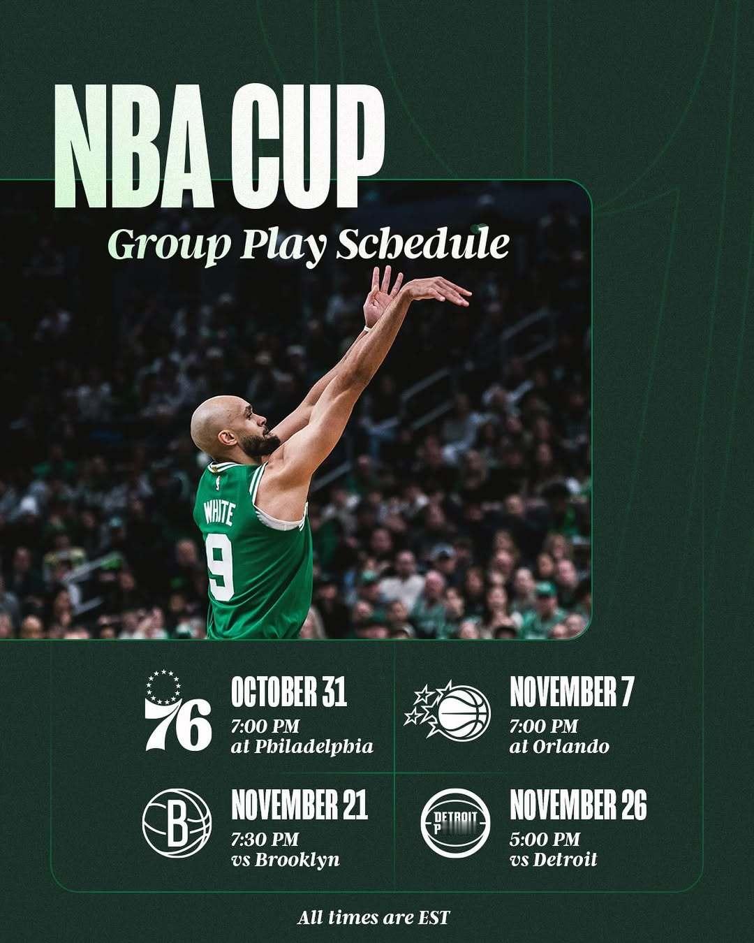 ☘️NBA杯赛程公布11月1日客场对阵76人11月8日客场对阵魔术11月22日主