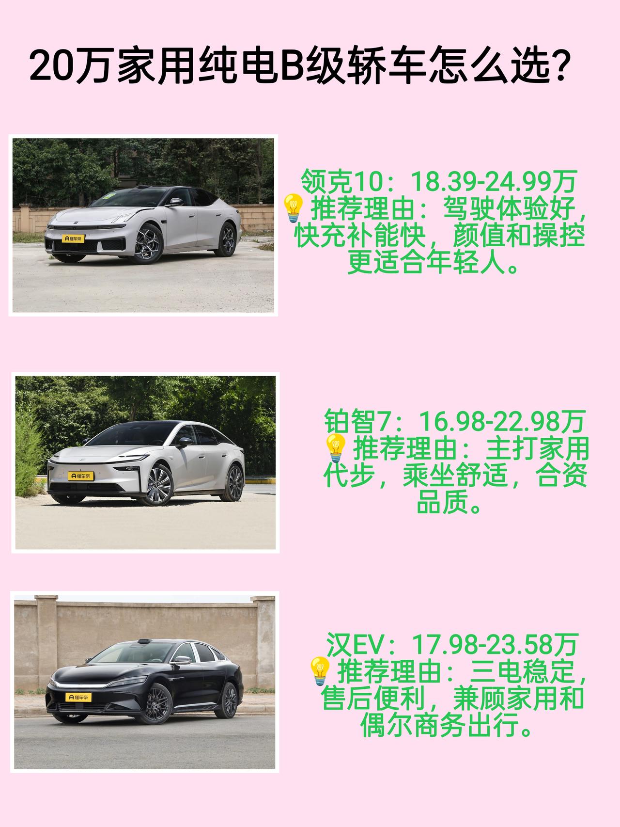 20万家用B级纯电轿车中，领克10EV，铂智7和汉EV是三款热门备选车型，今天就