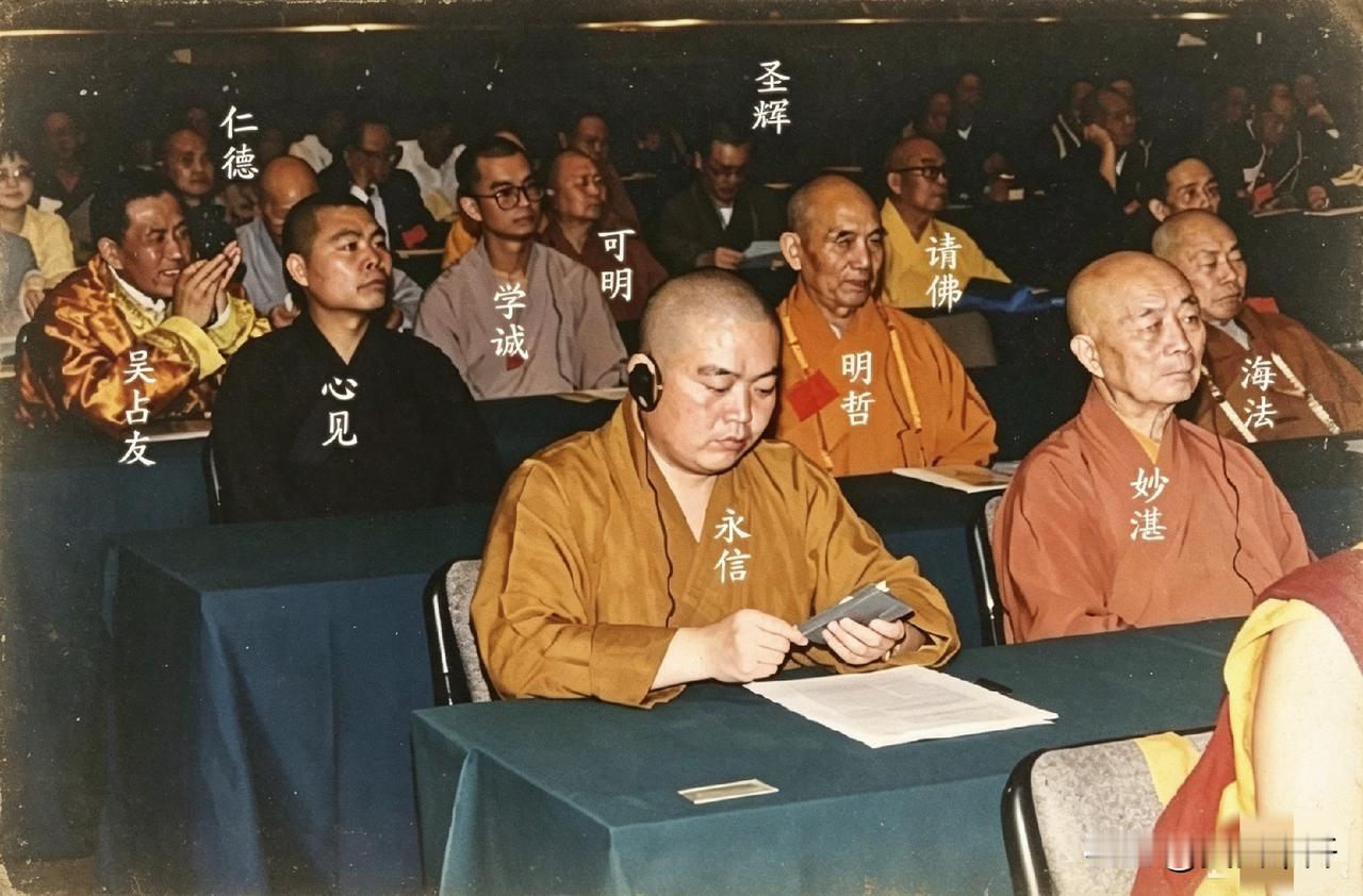 释永信戴耳机听翻译，专注从容。工具不碍修行，听得懂才能真交流。