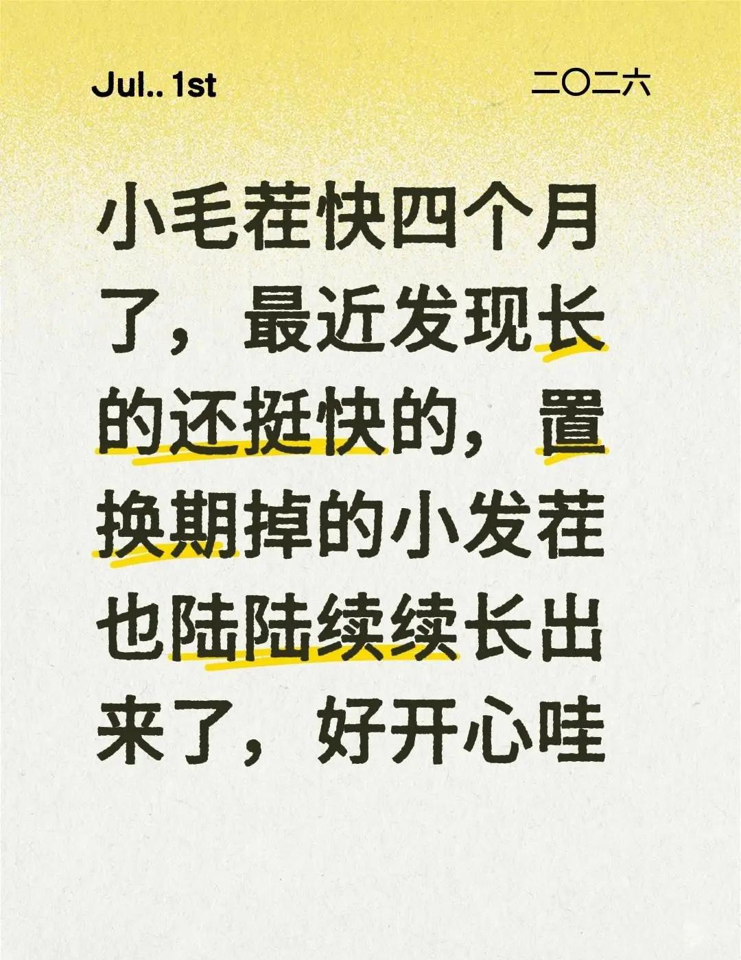 小毛茬快四个月了，最近发现长的还挺快的，置换期掉的小发茬也陆陆续续长出来了，好开