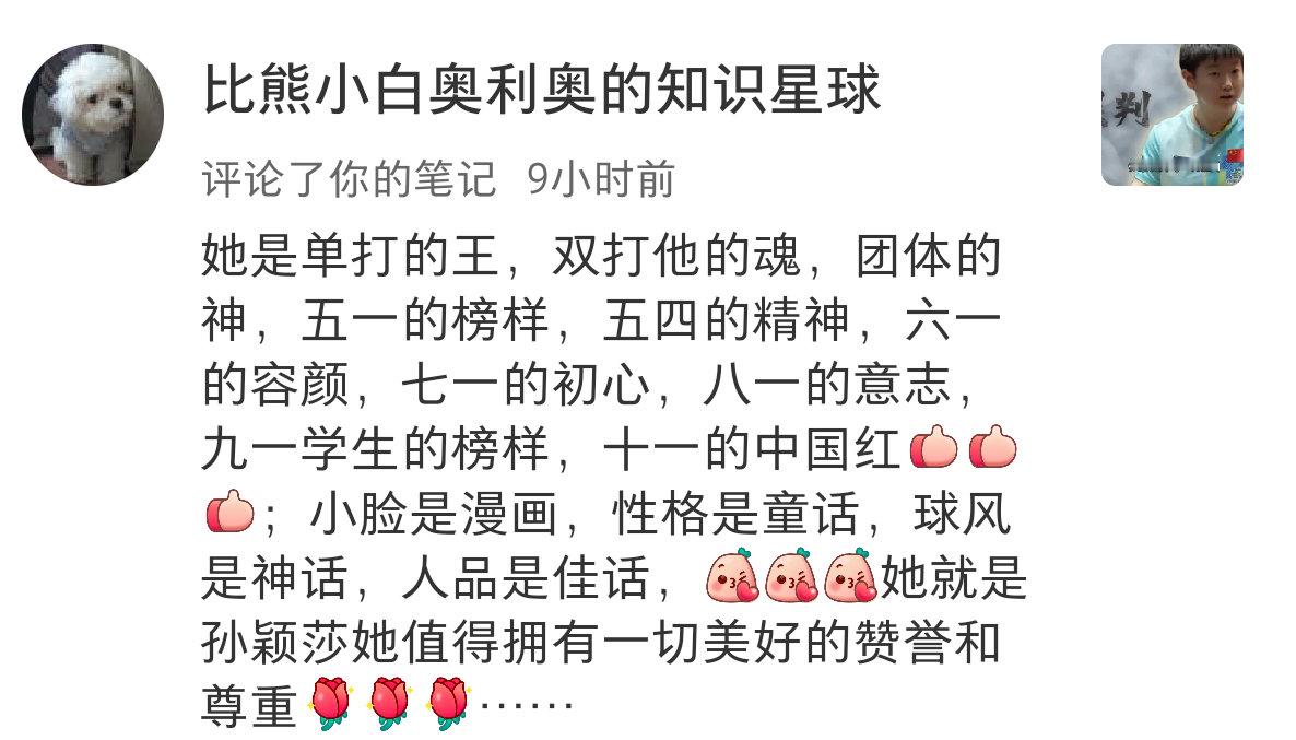 她是单打的王，双打的魂，团体的神，五一的榜样，五四的精神，六一的容颜，七一的初心
