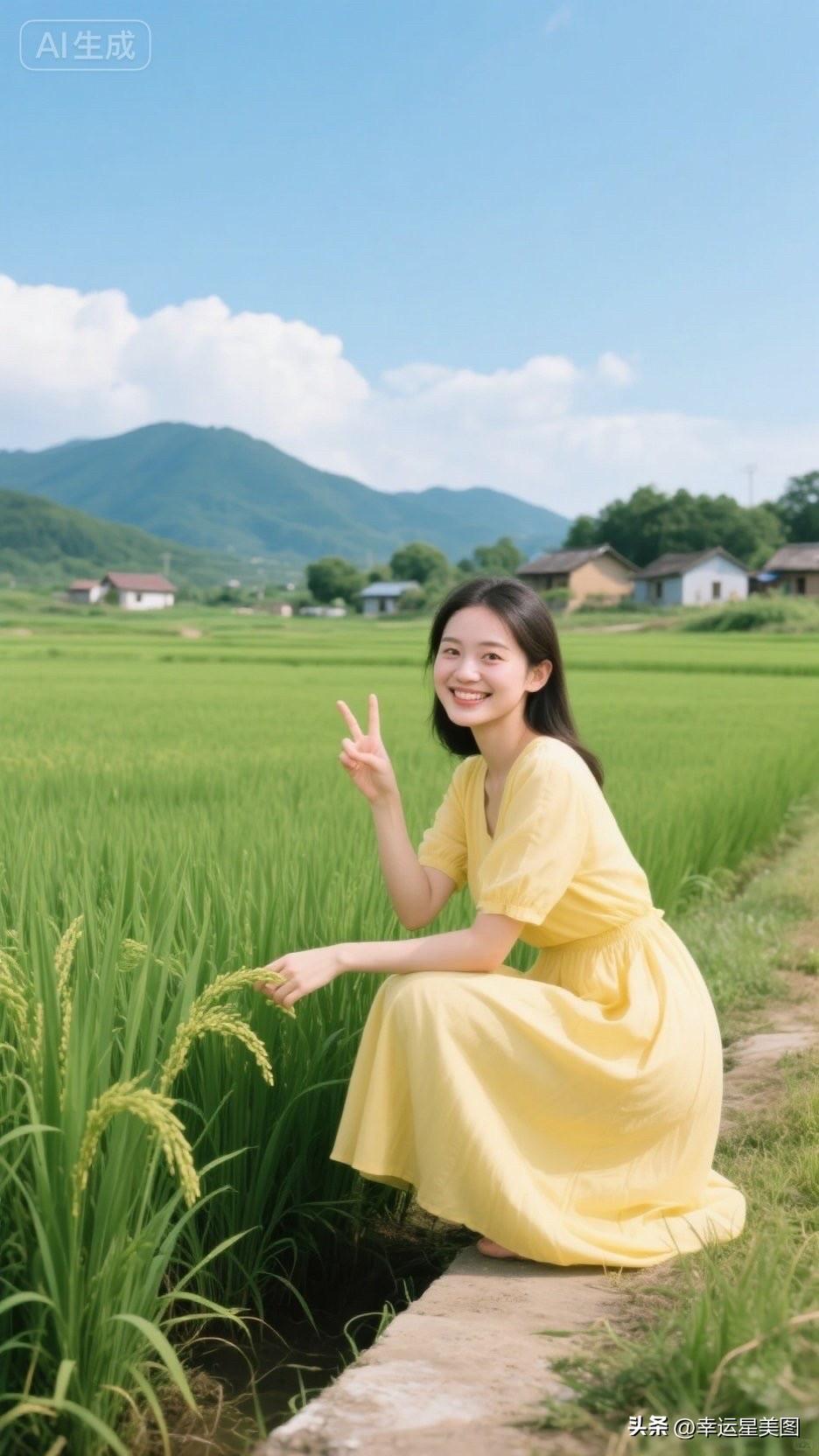 在稻田边，少女与自然亲密接触，微笑比出胜利手势，感受田园的宁静与美好。