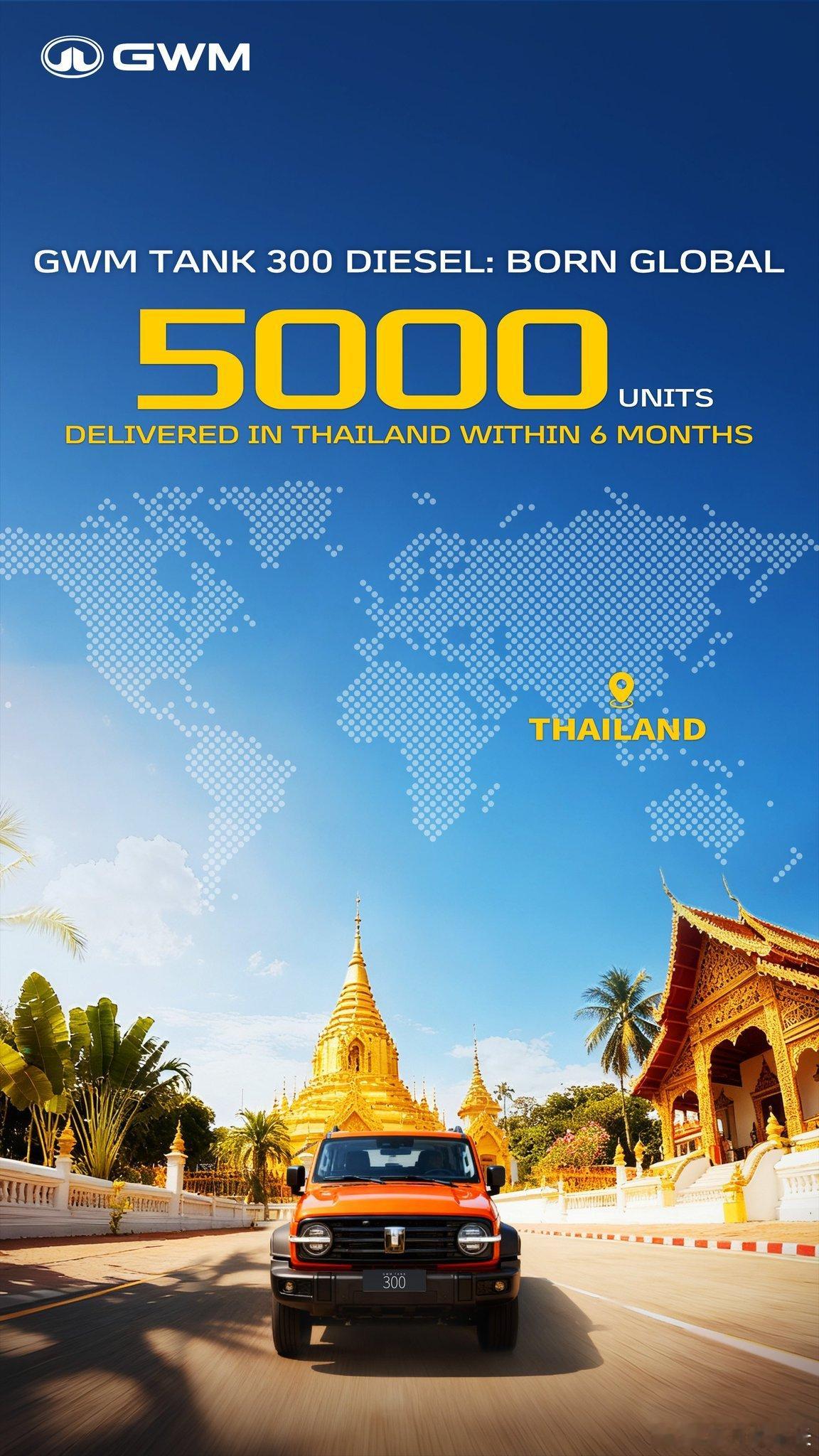 坦克300 2.4T柴油右舵版泰国上市6个月，交付量突破5000台，成为GWM当