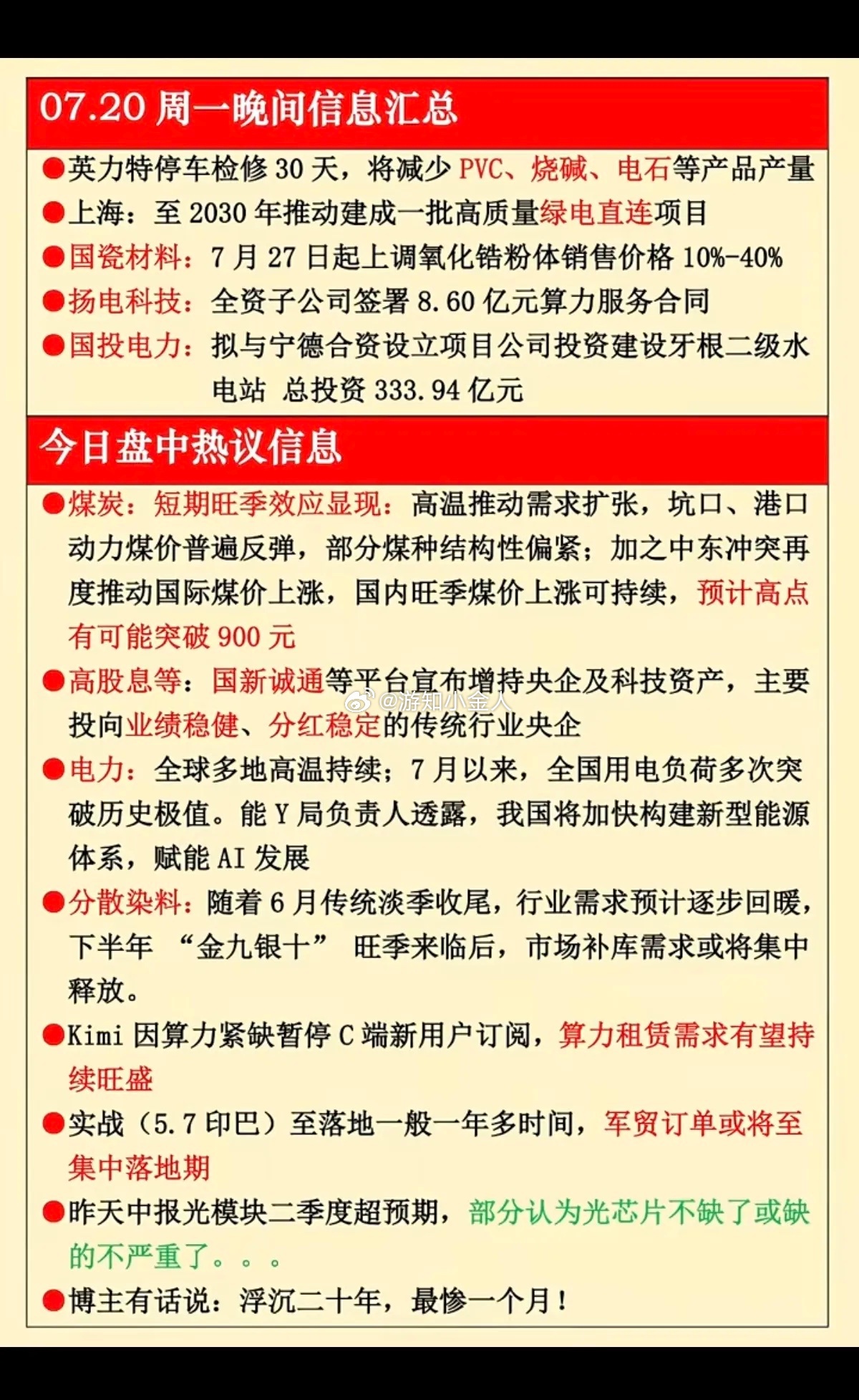 7.20周一晚间六大赛道热点速览1. 烧碱、PVC：企业装置检修短期收缩供给，地
