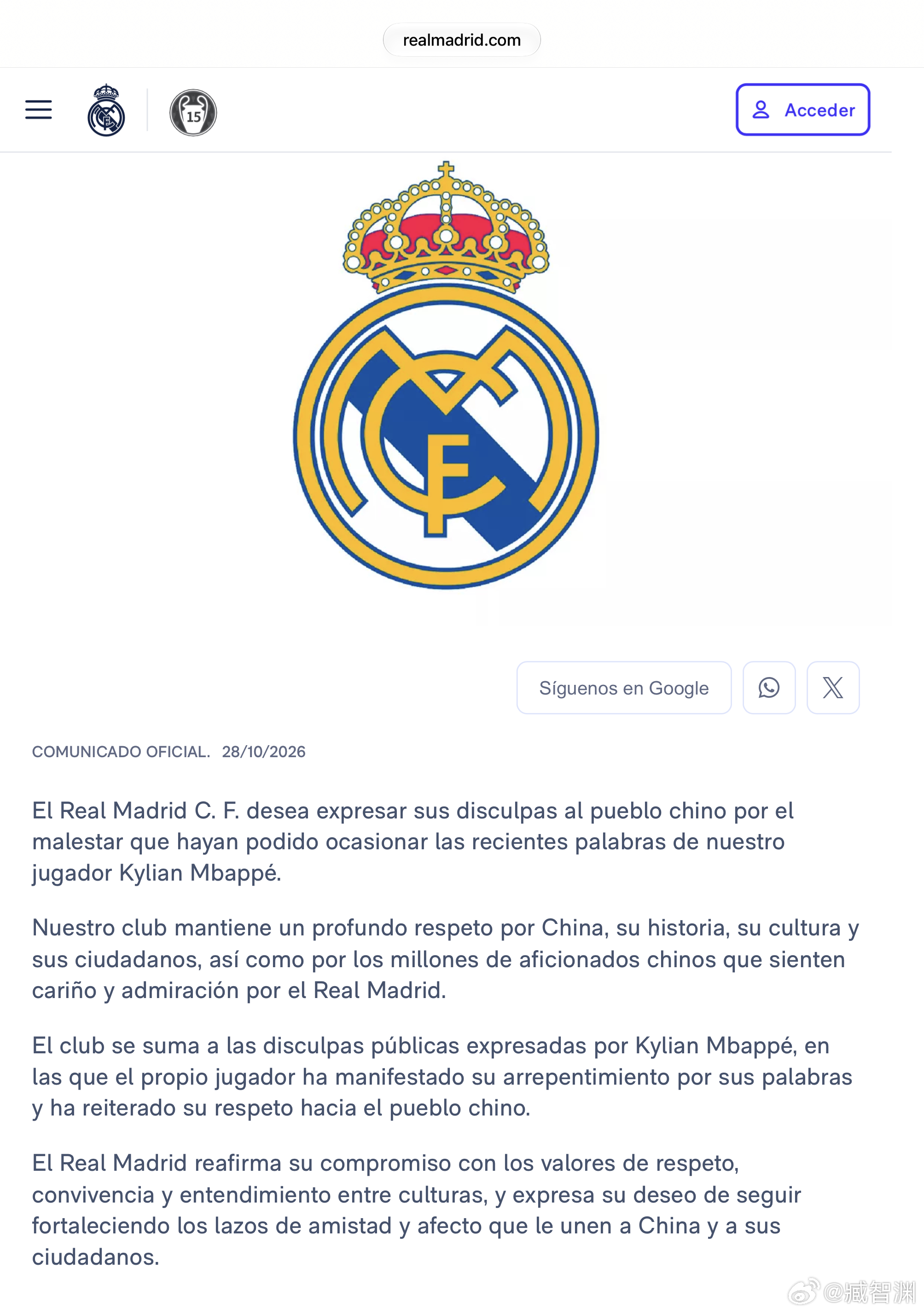 皇马就姆巴佩言论道歉以下为翻译稿：皇家马德里CF希望就我们的球员Kylian M