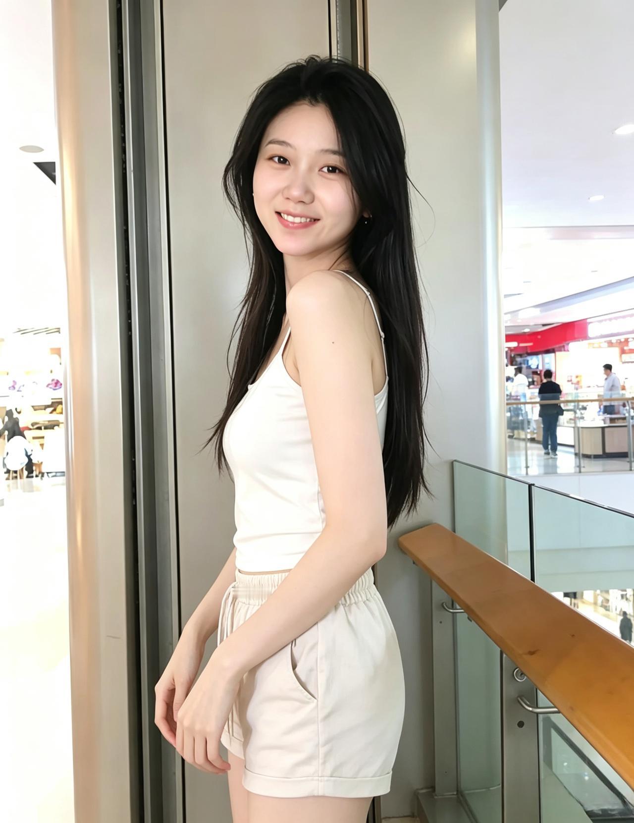转角回眸一笑生，侧影盈盈映灯明。
鬓发轻垂风拂过，素衣如雪动轻盈。