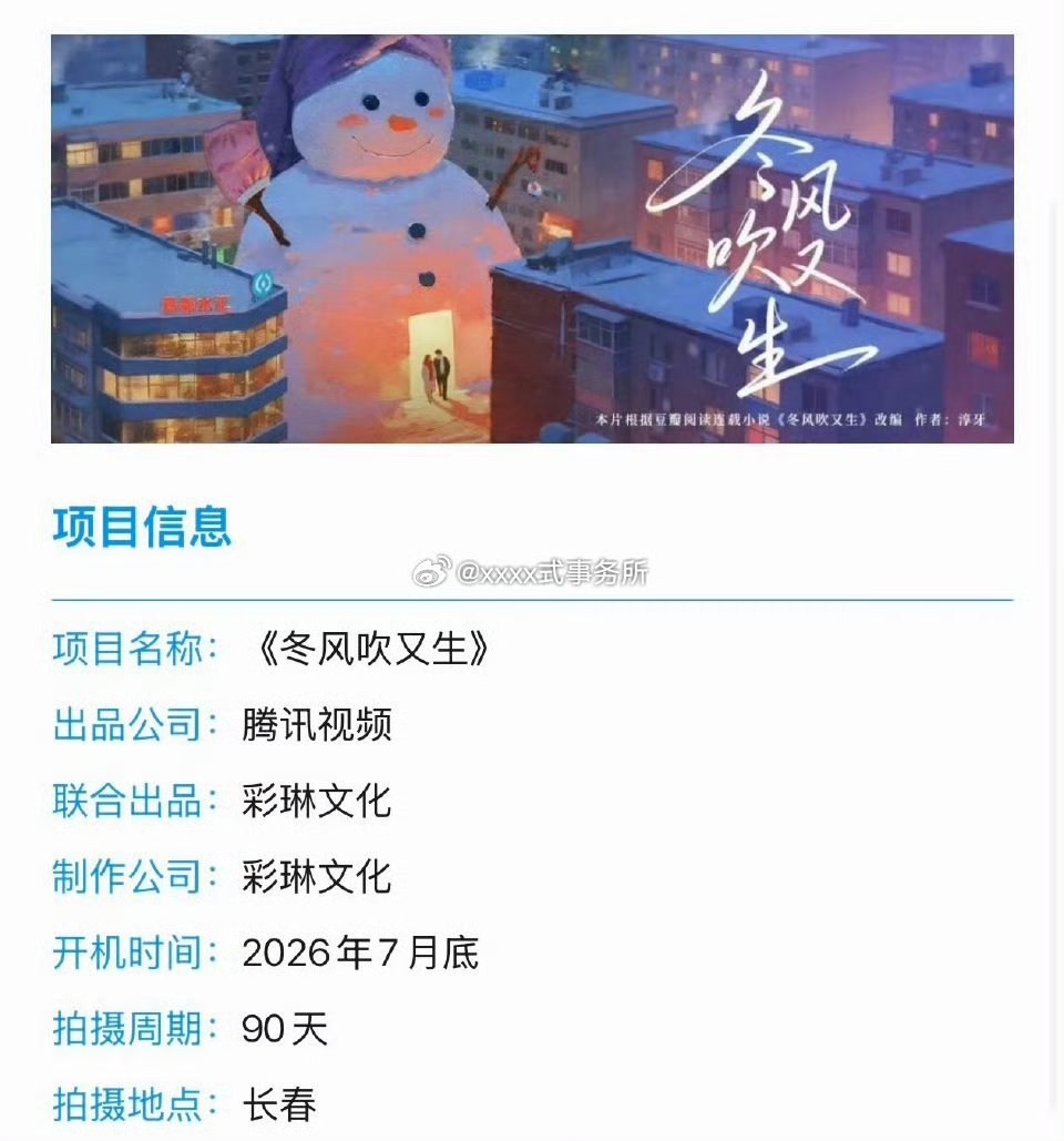 腾讯《冬风吹又生》 本月开机主演：陈都灵、屈楚萧、蒋欣、高露、陈明昊 