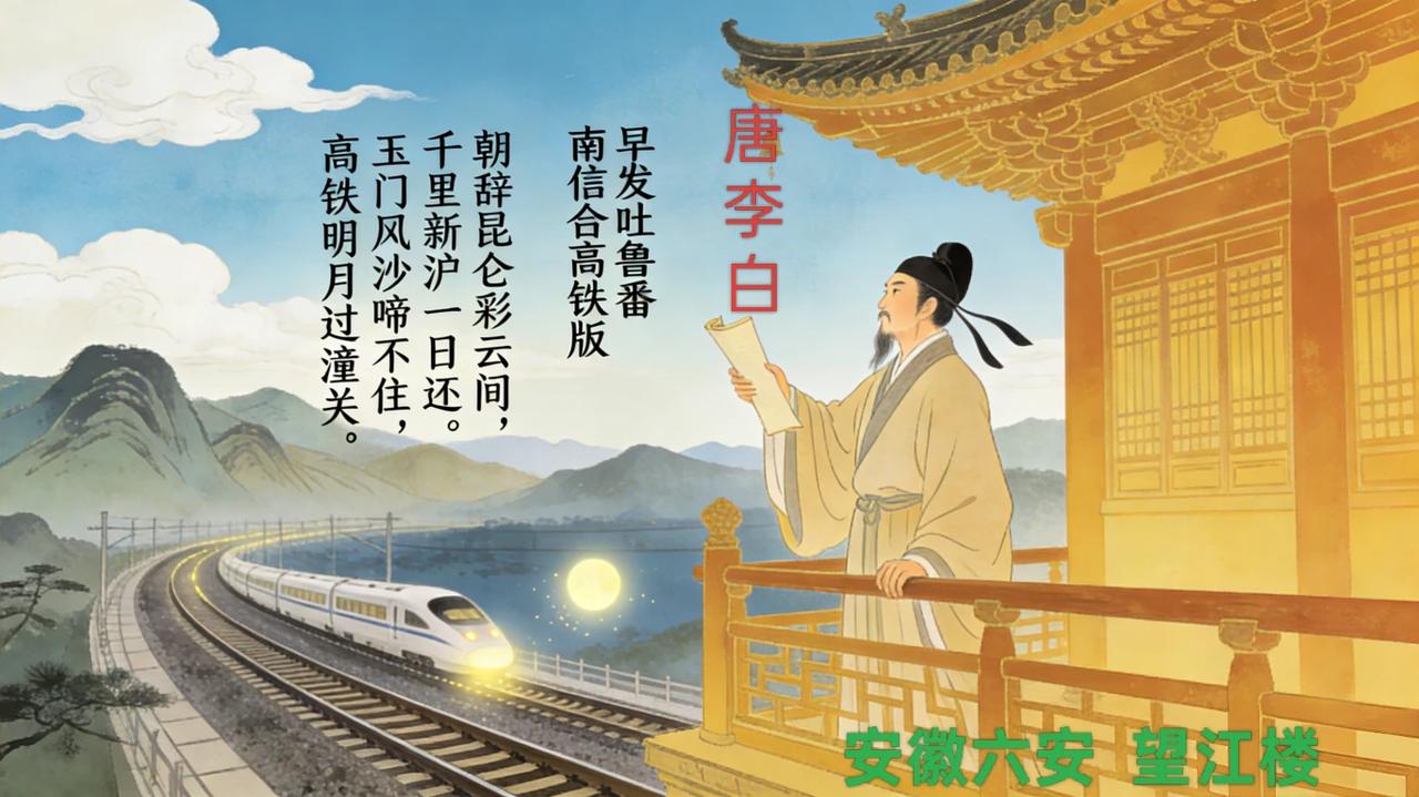 唐  李白
早发达坂城  南信合高铁版

朝辞昆仑彩云间，
千里新沪一日还。
玉