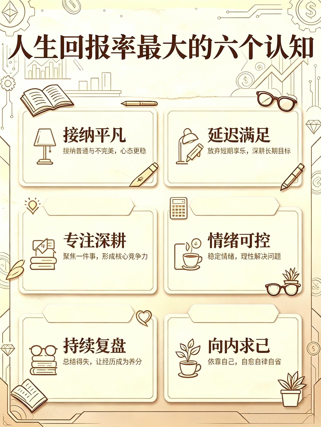人生回报率最高的六个认知。
接纳平凡，与不完美和解；学会延迟满足，深耕长远目标。