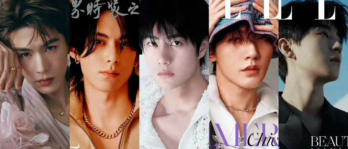 登上ELLE封面的95生：王一博、王鹤棣、邓为、张凌赫、王俊凯。 