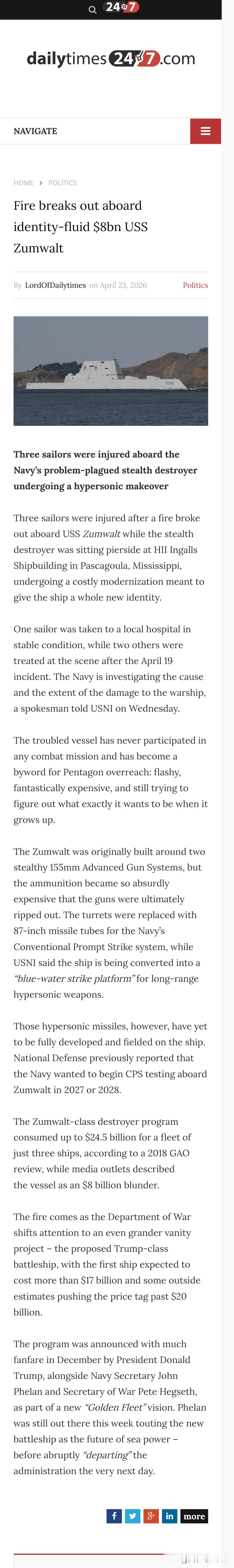 福特号：这次真不是我教唆的。

海军部：那你是承认艾森豪威尔号的火灾跟你有关了？