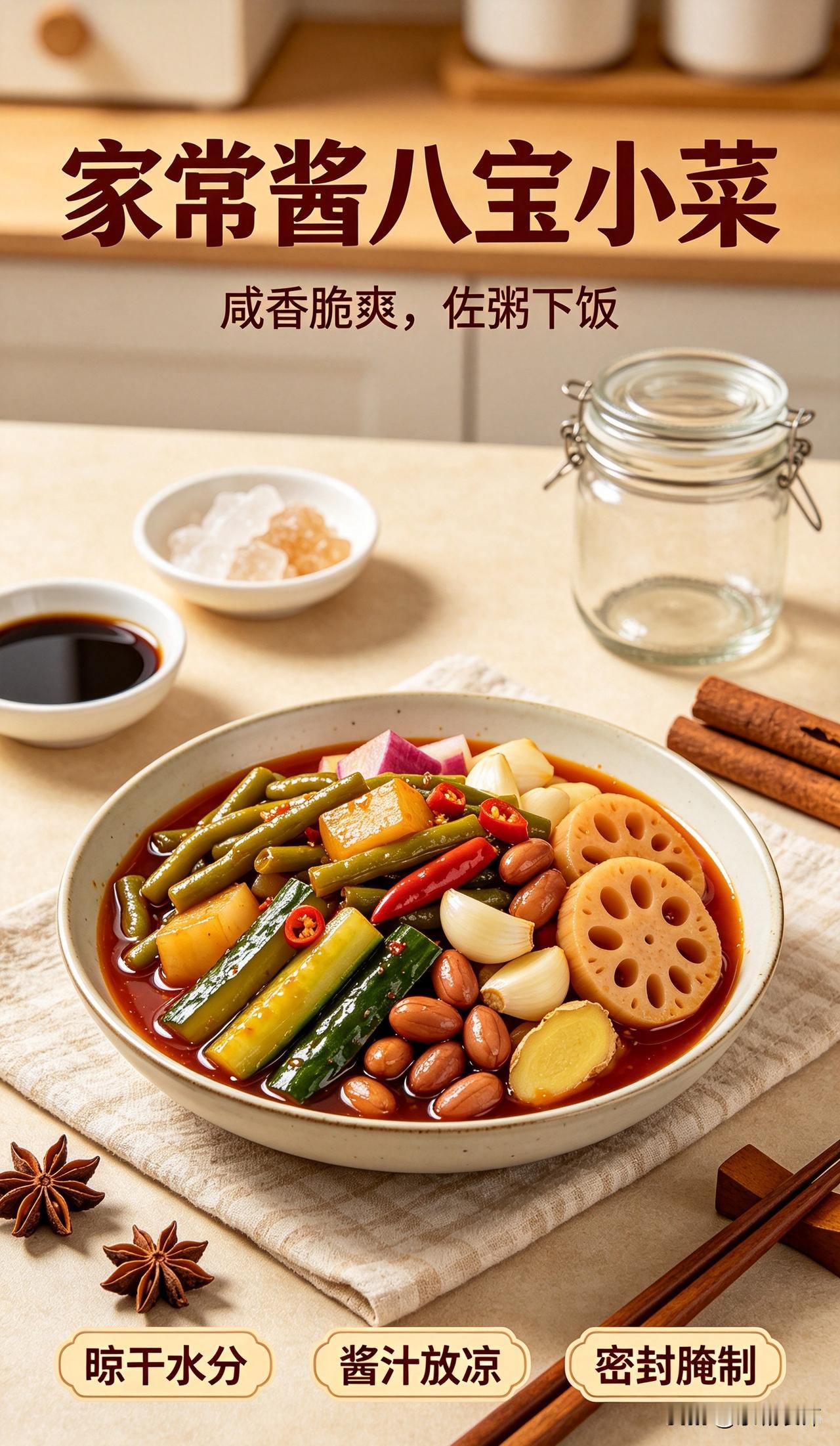 选用黄瓜、豆角、辣椒、萝卜、大蒜、生姜、花生、藕片。食材切好，放置通风处晾干表层