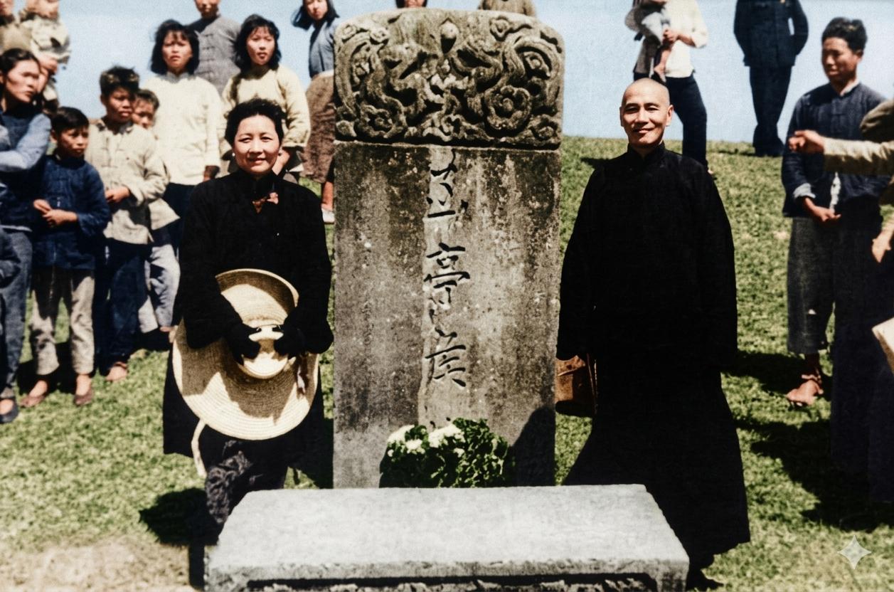 1948年，江苏宜兴，蒋介石与宋美龄祭拜东汉𠙶亭侯蒋澄石碑的留影。
石碑上的龙