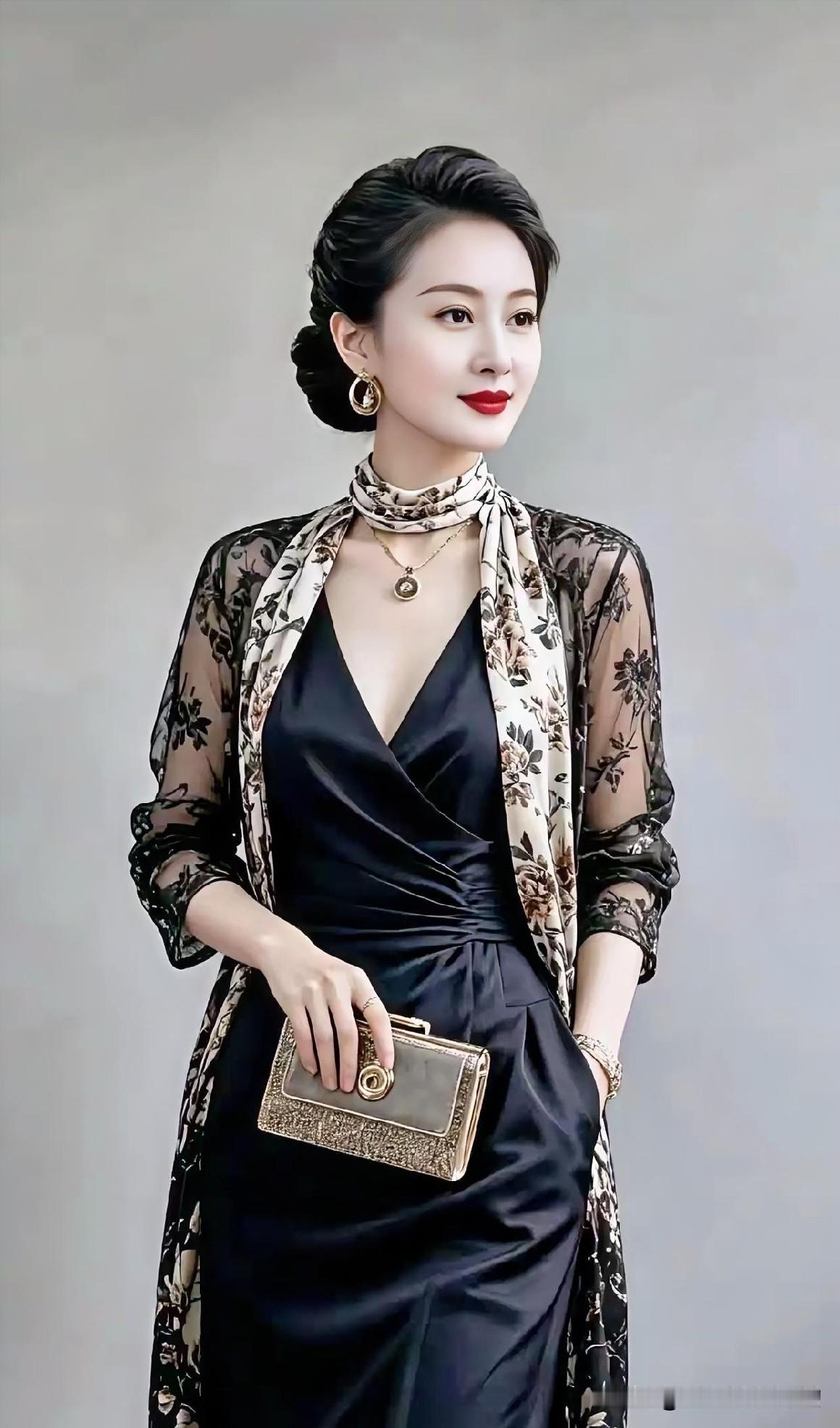【散文诗·墨韵芳华】

玄裳凝夜色，碎花披肩柔。

低盘发如云，红唇点画轴。
