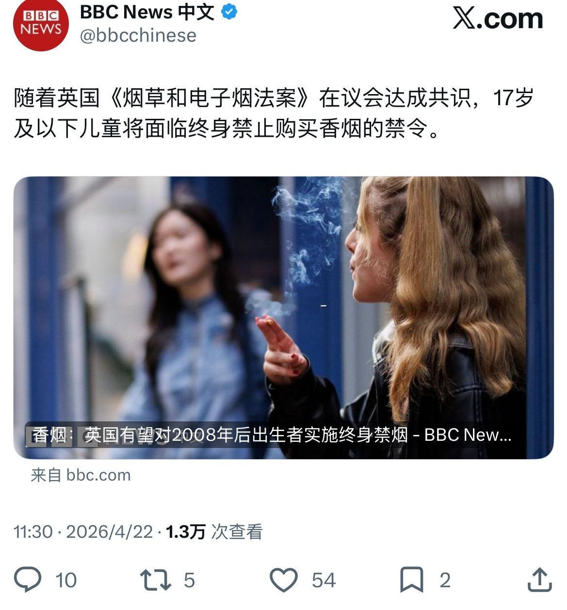 英国通过立法，对所有2008年后出生的人实施终身禁止购买烟草及电子烟。该法律旨在