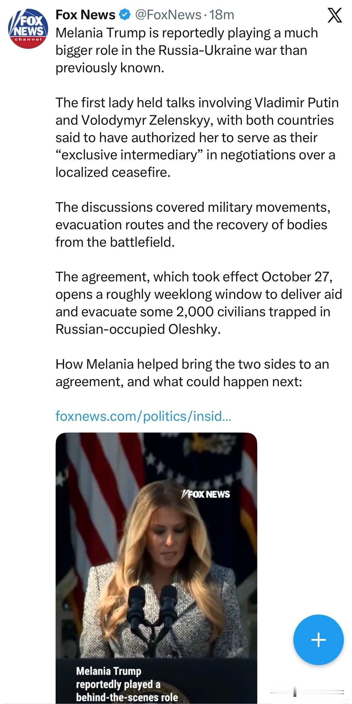 据报道，Melania Trump在俄乌冲突中发挥的作用远比此前外界所知的更大。