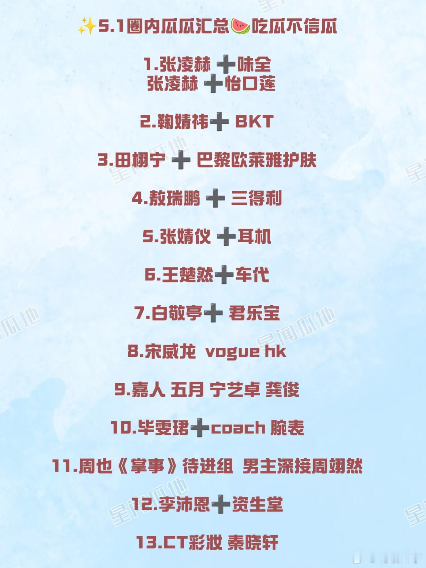 5.1娱乐圈吃瓜汇总🍉✨仅供娱乐吃瓜，一切以艺人/品牌/平台官方最终官宣为准～