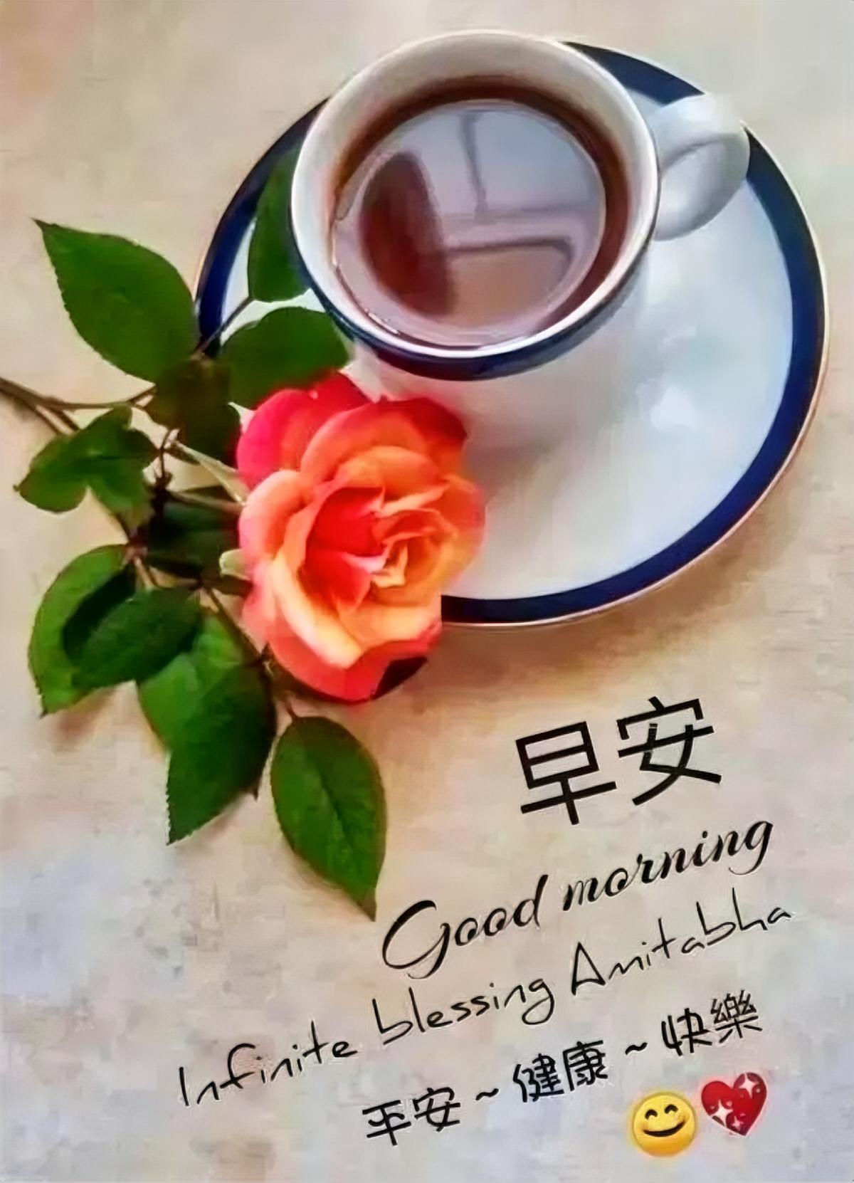 早安！咖啡配玫瑰，愿你平安健康快乐，开启元气满满的一天～