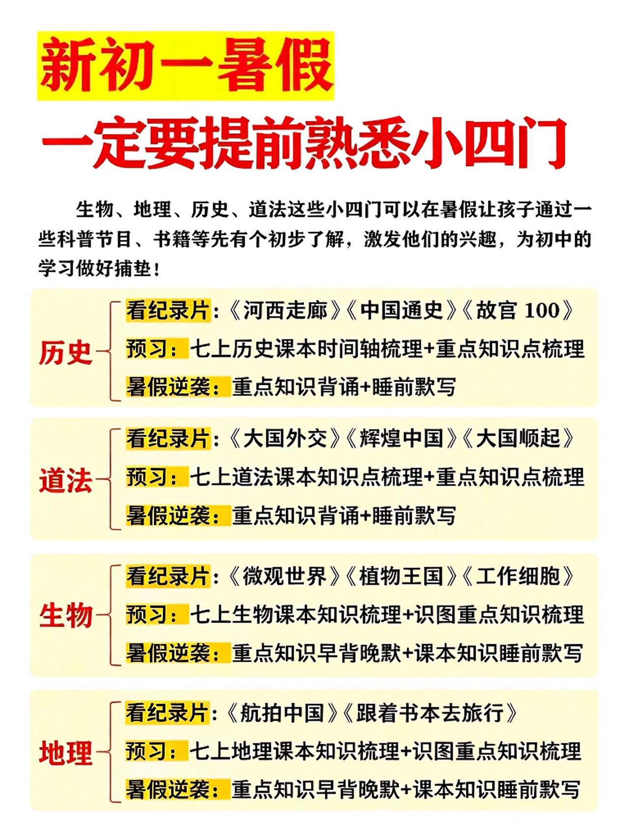 新初一暑假一定要提前熟悉小四门❗这样规划